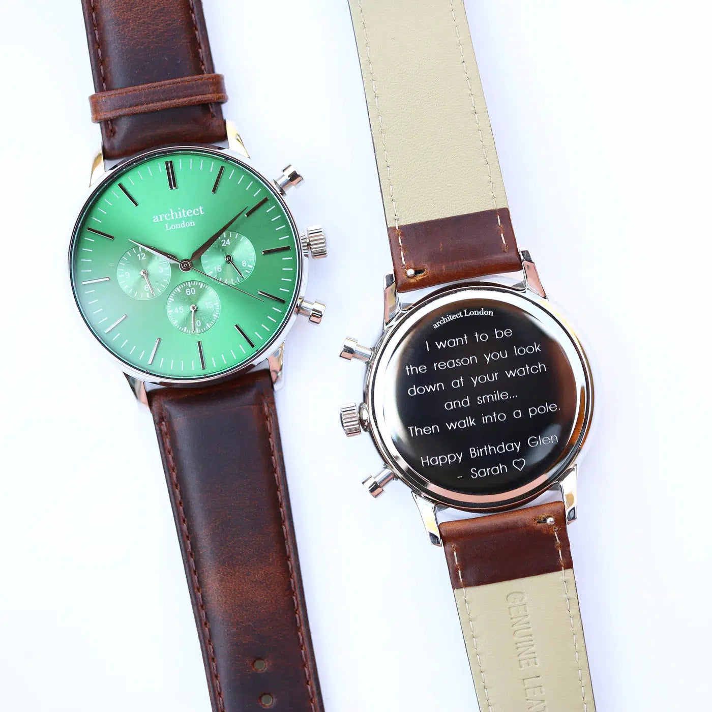 Architect Motivator - Men's Personalised Watch Envy Green With Walnut Brown Strap-NEVANNA